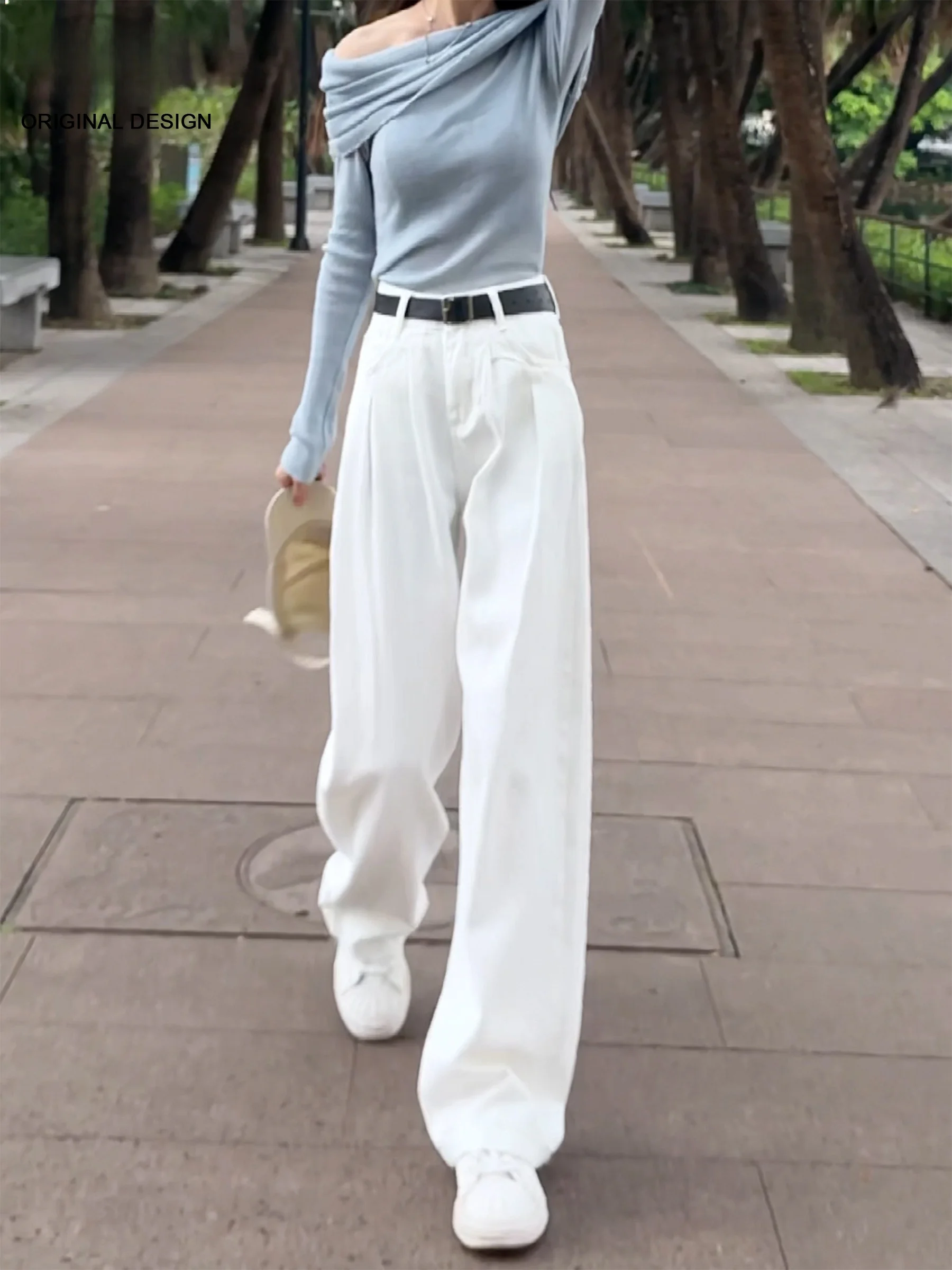 

Джинсы с высокой талией и широкими штанинами в американском стиле, плиссированные, из денима, женские, свободного кроя, длиной в пол, прямые брюки, весенний тренд