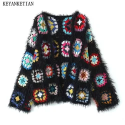 KEYANKETIAN inverno nuove donne nappa contrasto colore Plaid scava fuori maglione fatto a mano cardigan Boho vacanza vento morbido maglieria