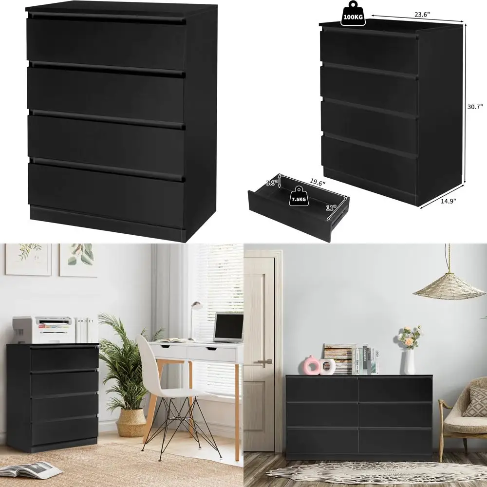 4-drawer dresser black, modern wood chest of drawers, no handle storage cabinet for bedroom, living room, home office, entryway
