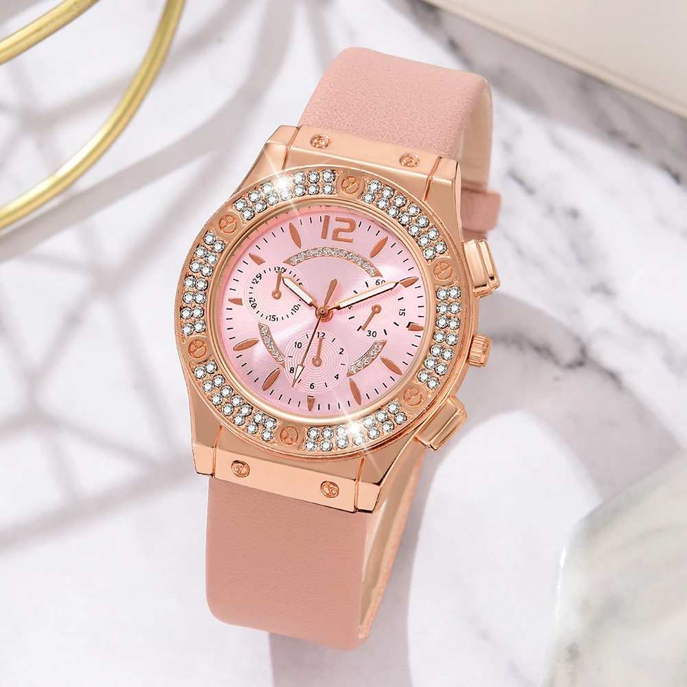 6 PCS New Luxury Love Rhinestone Jewelry Ladies Ring Necklace Earrings Bracelet Set Simple Digital Leather Strap Quartz Watch