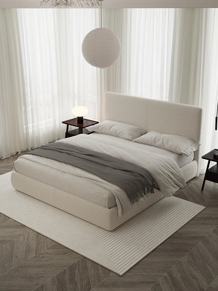 Modern minimalist fabric bed, master bedroom, lamb plush cloth, beech raft skeleton bed