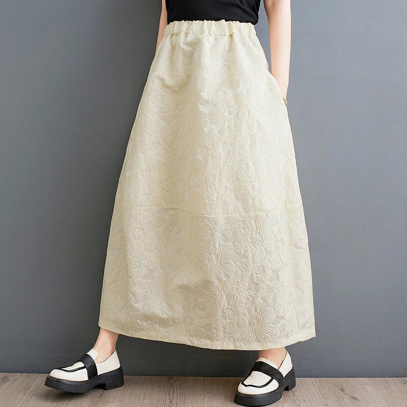 Retro Chinese Style Embossed Floral Half Skirt Women's High Waist Long Skirt Elegant Sensation National Trend Floral Bud Skirt