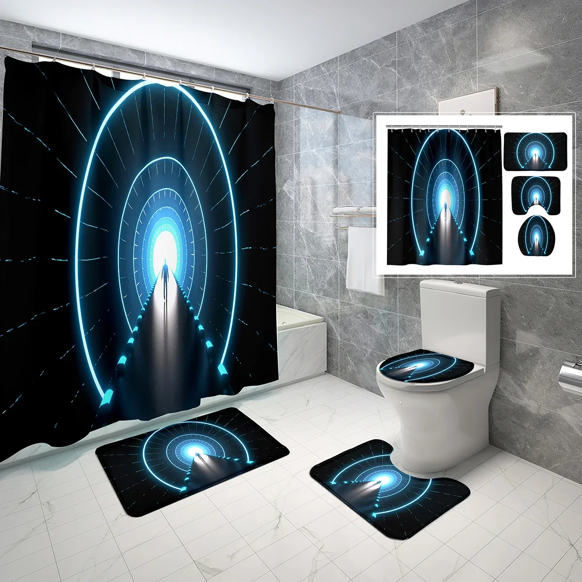 

4 Pcs Tunnel Theme Shower Curtain Sets with Non-Slip Rugs Mat Toilet Lid Illusion Architecture Waterproof Shower Curtain Set