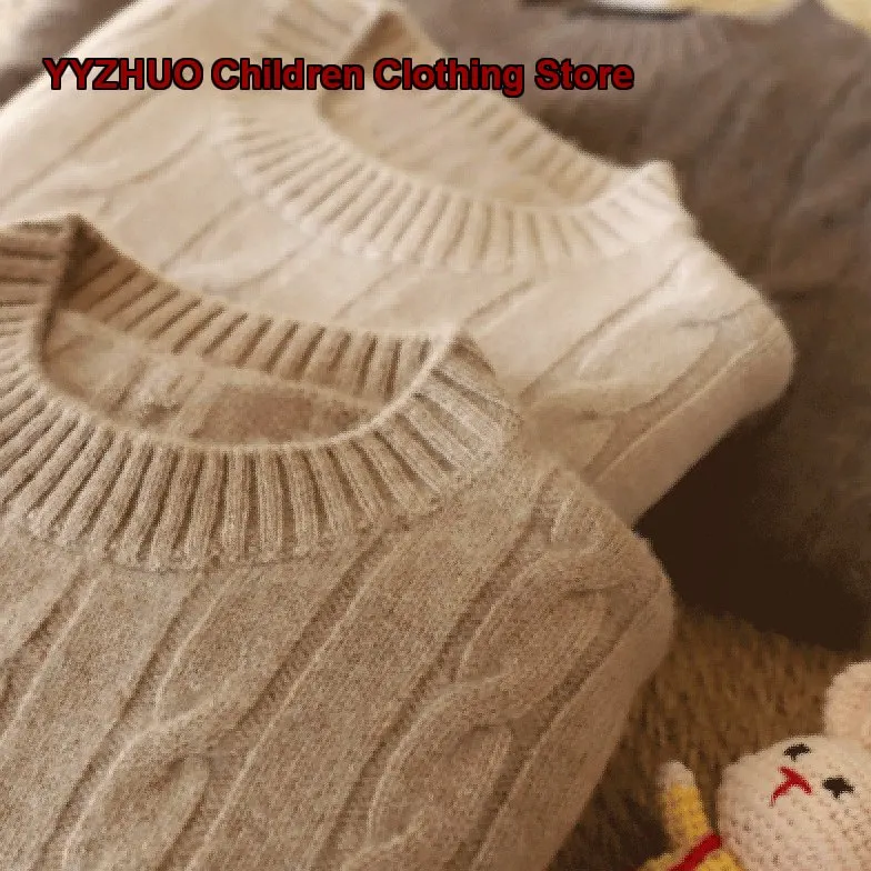 Boys Pullover Sweater Kids Autumn Winter Solid Color Knit Base Layer Top Round Neck