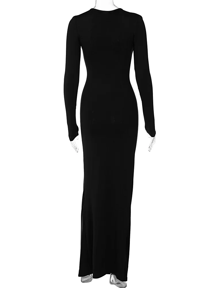 Sexy Deep V-Neck Ruched Solid Maxi Dress Body-Shaping Long Sleeve Elegant Evening Party 2023 Autumn Winter Classic Prom Dresses