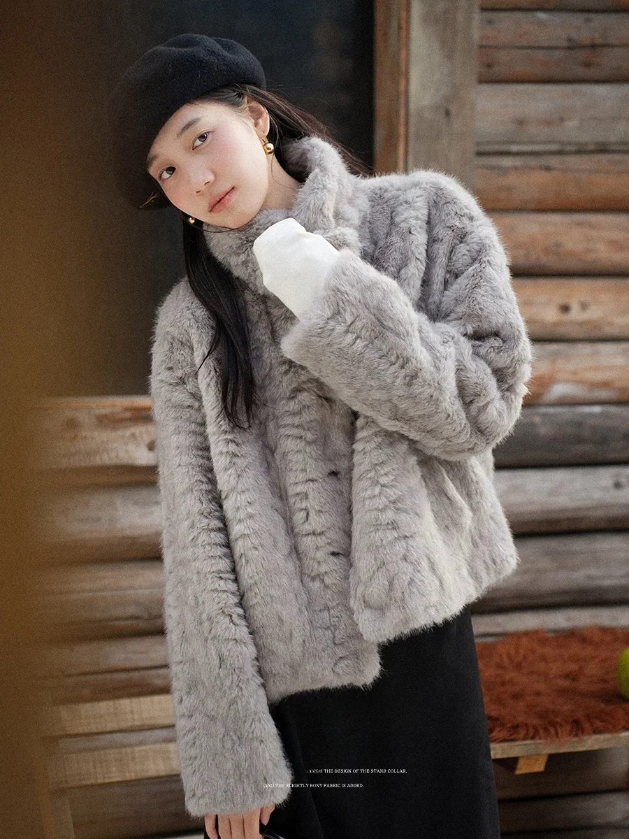 

Lalaglow Philadelphia Winter ey Elegance Stand Collar Commuter Versatile Eco-Friendly Fur Coat Women's New Winter Sle