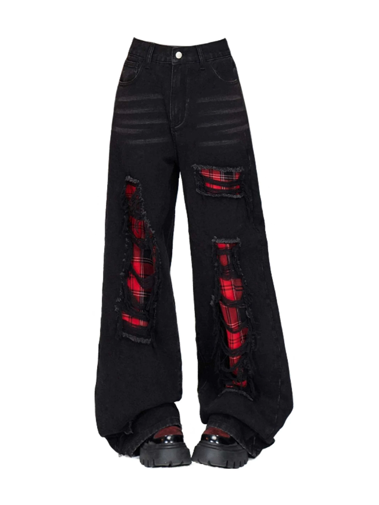 

Women's Black Goth Y2k Ripped Jeans Harajuku Baggy Patchwork Denim Trousers Japanese 2000s Style Vintage Emo Jeans Pants Clothes
