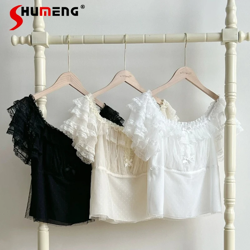 

Original French Elegant Lace Splicing Short-sleeved Shirt for Women Summer Clothing Sweet Girl Cute Lolita Inner Blouses Tops