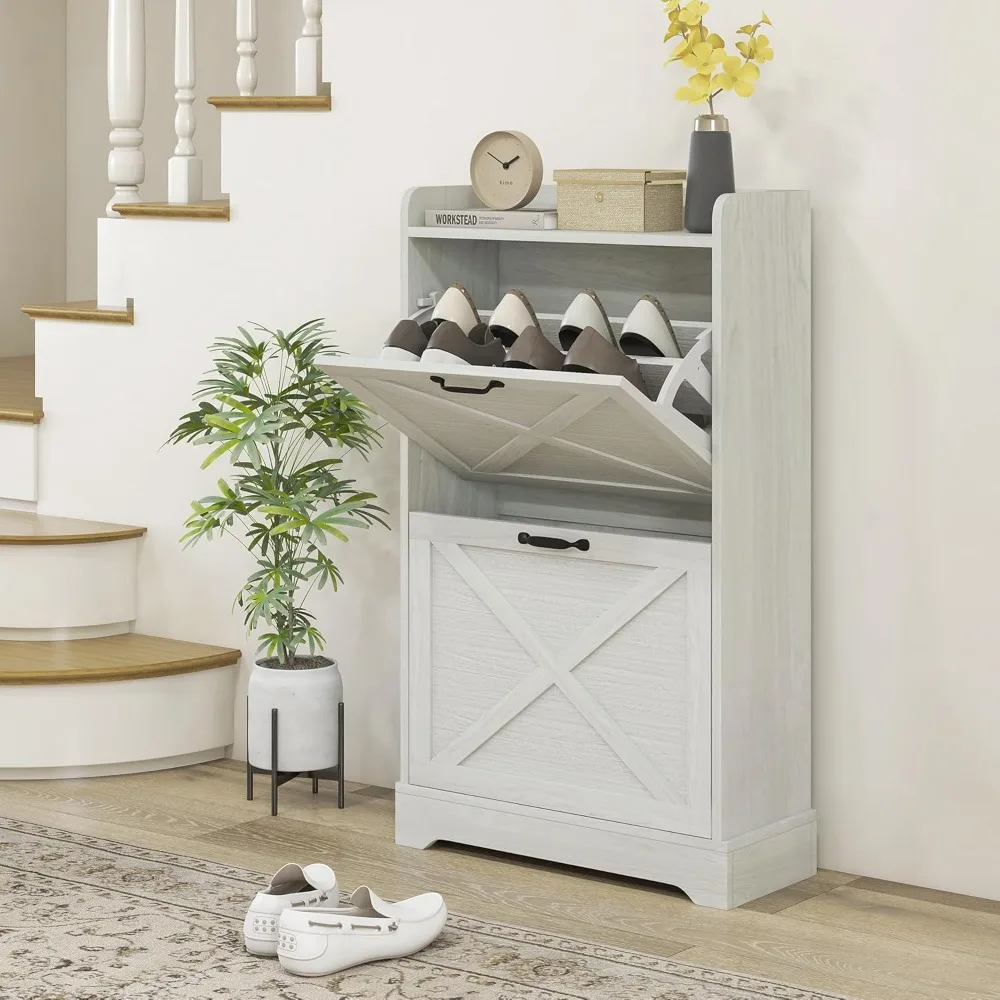 

Slim Shoe Cabinet for Entryway, Farmhouse Hidden Shoe Storage Cabinet with 2 Flip Drawers and Adjustable Shelves for 8 Pairs