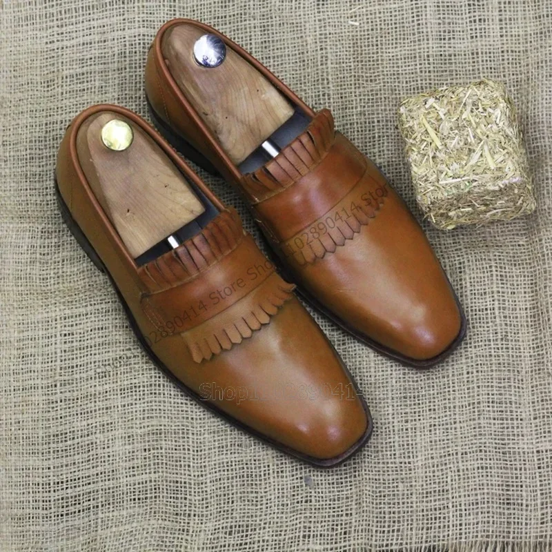 

Black Tassels Square Toe Low Top Men Loafers Fashion Slip On Men Shoes Luxurious Handmade Party Banquet Office Men Dress Shoes