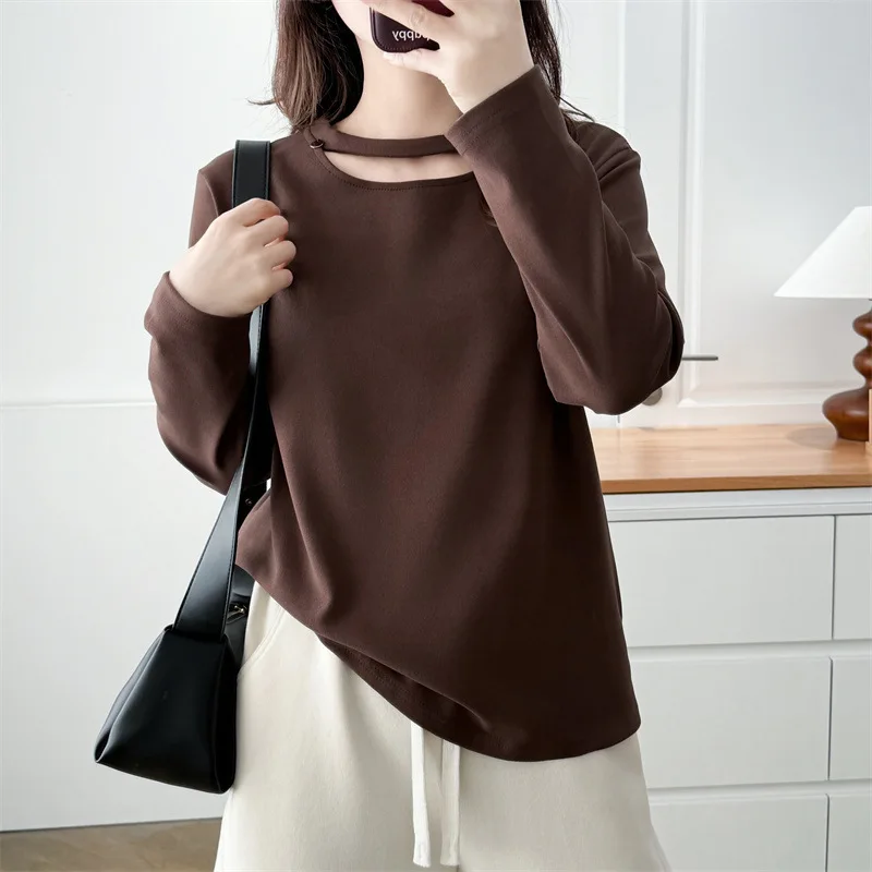 XXXXL موضة حجم كبير ملابس نسائية تي شيرت 2025 تصميم أنيق شتوي مع قاعدة مجوفة وأكمام طويلة 8095 #1