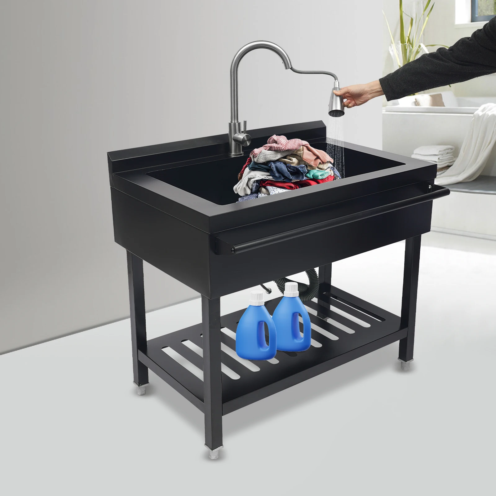 

Black Adjustable Free Standing Kitchen Sink 90*57*94cm Stainless Steel Sink with Pull-Out Faucet Sealing Rings