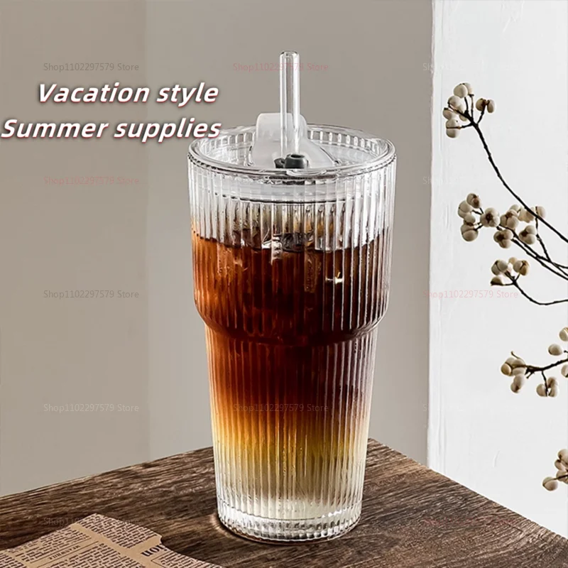 سعة كبيرة مع غطاء وقش كوب زجاجي بنمط عمودي كوب شاي فواكه كوب ماء للشرب كوب قهوة ثلج كوب شرب كوب شرب