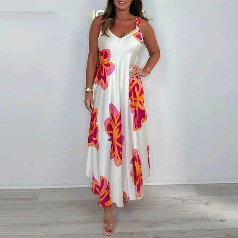 Retro Lady V Neck Hollow Sleeveless Commuting Casual Summer Printed Pocket Long Fashion Beach Bohemian Dress Vestido