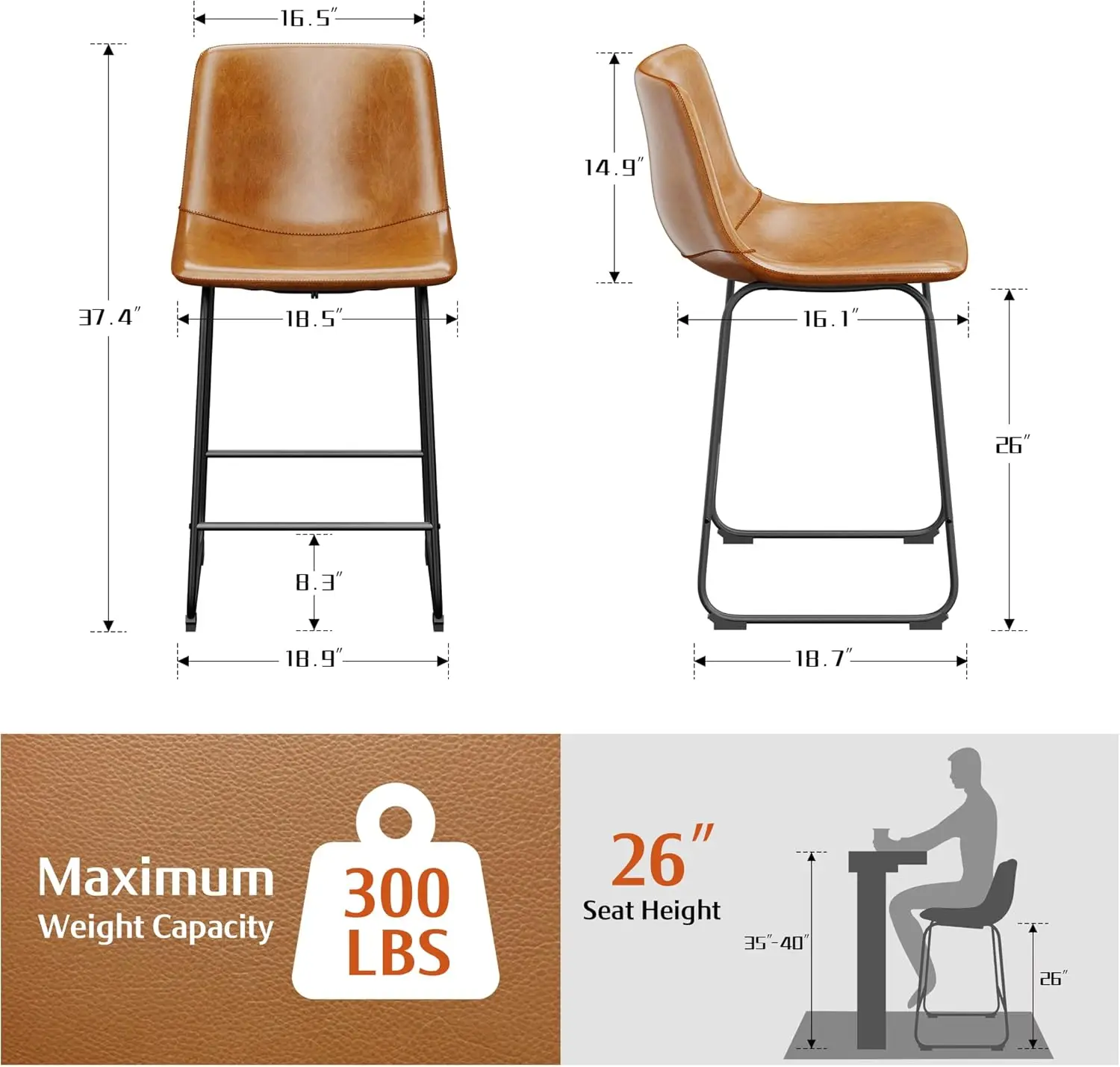 Barkrukken Set Van 4, Pu Lederen Barkrukken, 26 "Moderne Barkrukken Met Metalen Poten En Voetensteun, (Bruin)