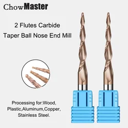 2 Flute Carbide Spiral Tapered Ball Nose End Mill 3.175 4 6 8mm Shank Router Bit Woodworking CNC 3D Carving Bits Milling Cutter