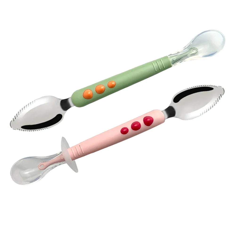 

2Pcs Baby Feeding Spoon Stainless Steel Double Head Silicone Fruit Scraping Mud Spoon Soft Tip Ergonomic Handle Safe Infant