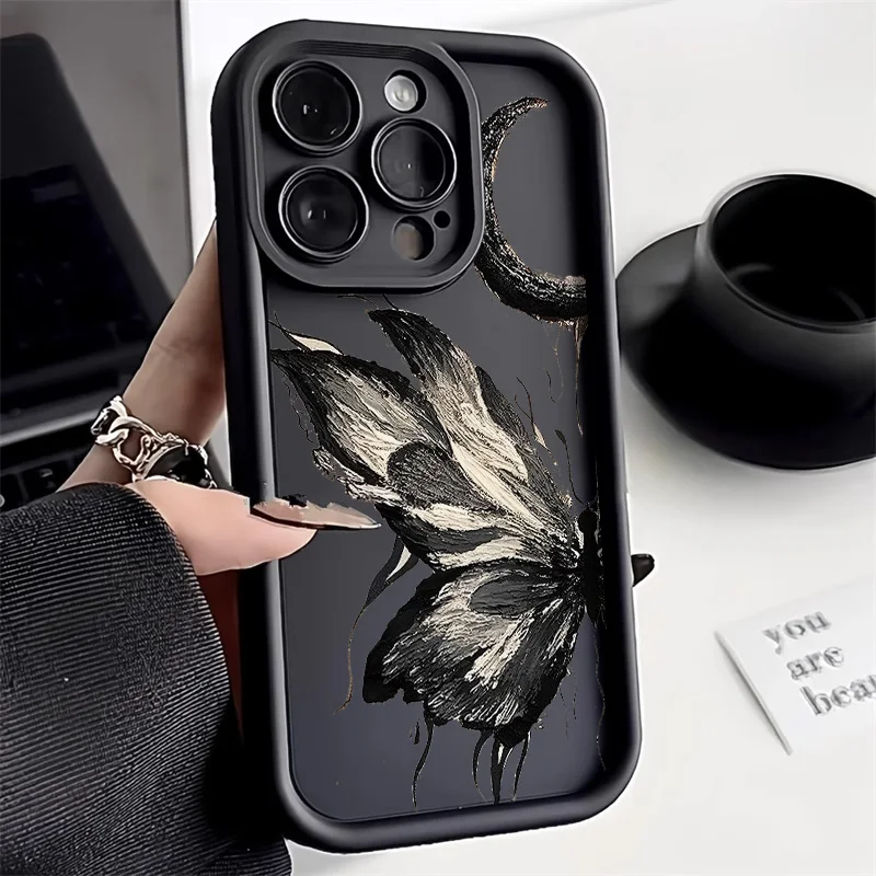 Black Butterfly Liquid Silicone Case For iPhone 17 Pro Max Case iPhone 11 12 13 14 15 16 Pro Max 17 Air 16e XS X XR Soft Cover