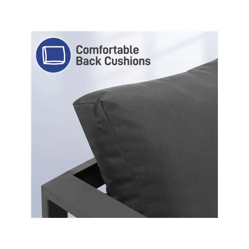 회색 프레임 러브 시트 소파, 짙은 회색 쿠션 및 커피 테이블, 알루미늄 프레임, 거실용 현대적인 디자인