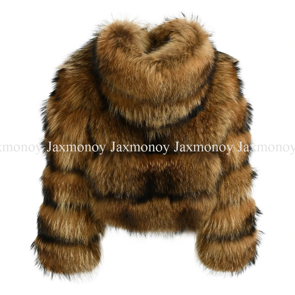 Jaxmonoy-abrigo de piel de mapache Natural para mujer, chaqueta de piel de lujo, cálida, de talla grande, con capucha