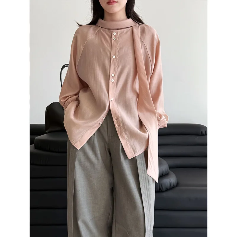 

Элегантная женская блузка с воротником-стойкой и лентой, с длинным рукавом, свободного кроя, из ацетата, двусторонняя, весенняя