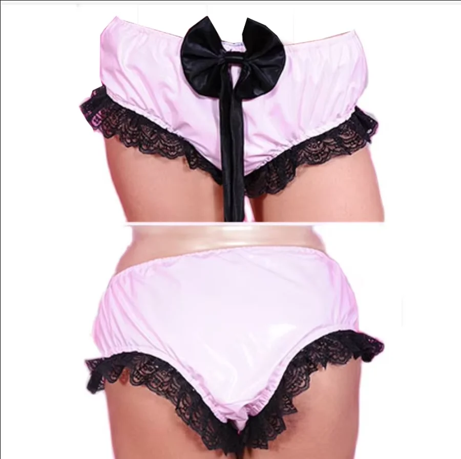

Adult Giant Baby Sexy Girl Pink PVC Lined Black Bow Shorts Sissy Role Playing Maid Shorts Customized