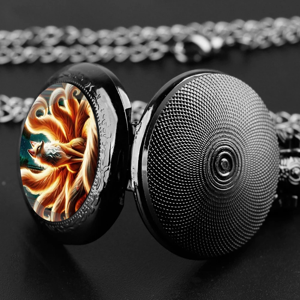 Animal Nine-tailed Fox Pattern Quartz Pocket Watch with Necklace Pendant World-Time Feature, Analog Display for Women Men Kids