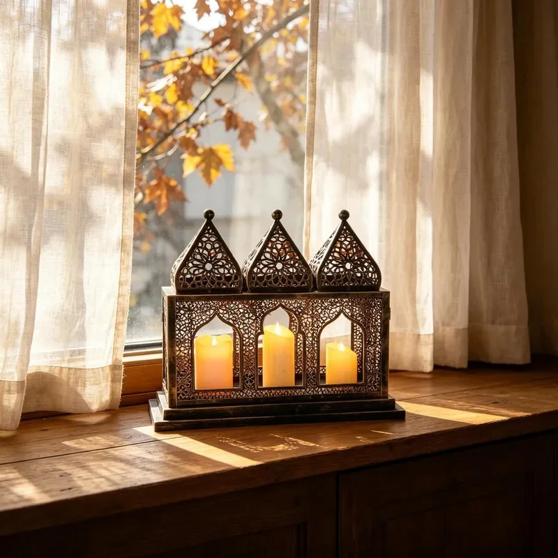 Vintage Wrought Iron Candle Holder Middle Eastern Style Hollow Metal Cage Retro Fireplace Window Decor European Home Ornament