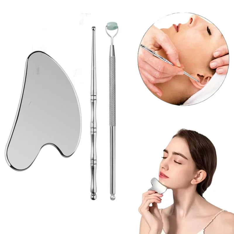 3pcs Face Care Lifting Tools Stainless Steel Gua Sha Board Natural Jade Roller Eye Massager Set Facial Ear Acupoint Massage Pen