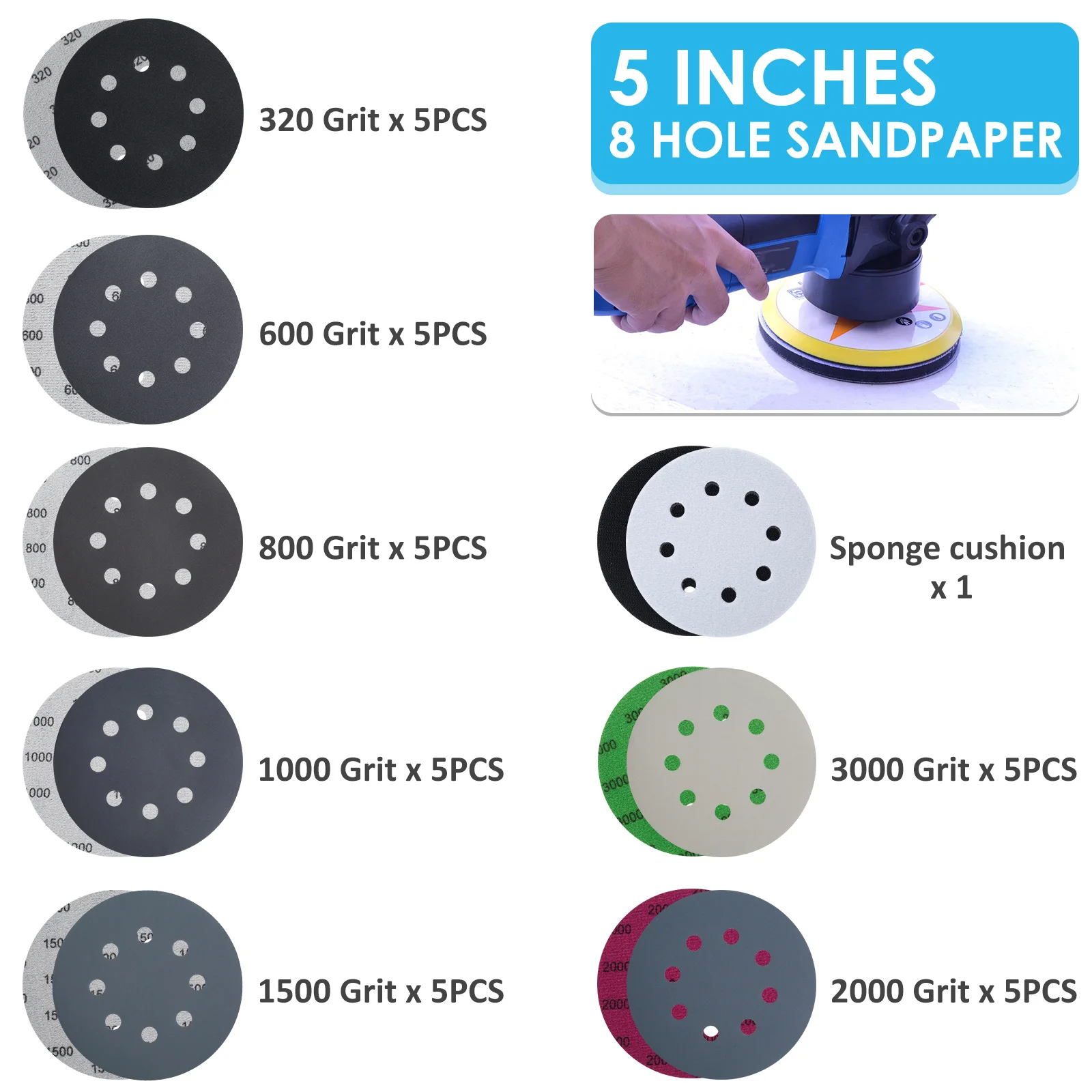 36PCS 5 inch Sanding Discs 8 Hole Hook Loop Sandpaper 320 Grit -3000 Grit Sanding Paper Sanding Disc Abrasive Polishing Tools