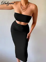 Dulzura Solid Women 2 Piece Set Tube Crop Top Midi Skirt Bodycon Sexy Streetwear Party Club Elegant Matching Co Ords 2021 Summer