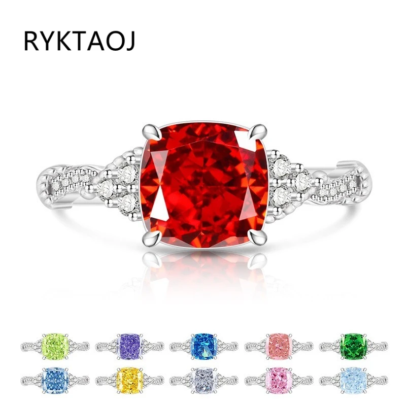 925 Sterling Silver Cushion Cut Multi Color Cubic Zirconia Ring for Women Adjustable Open Band Side Paved CZ Wedding Ring