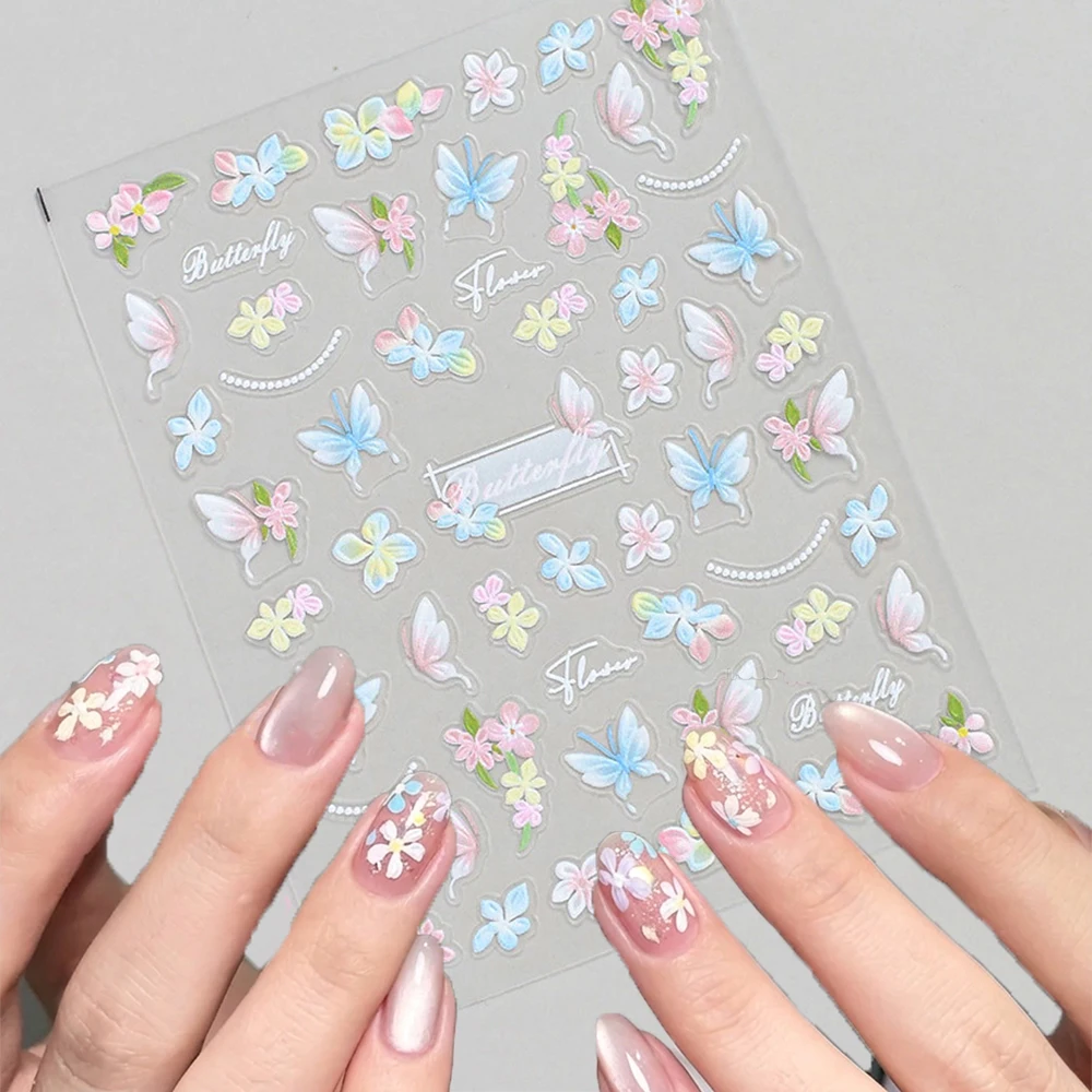 

Dopamine Butterfly Flower Nail Stickers Relief Spring Sunflower Butterfly Manicure Decal Daisy Oil Painting Flowers Nail Decal
