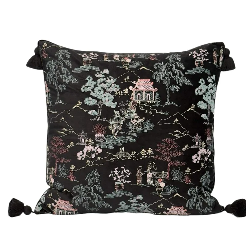 Oriental Landscape Embroidery Pillow Cover | Luxury Black Cushion Case with Tassels | Chinese Retro Chinoiserie Sofa Bedroom