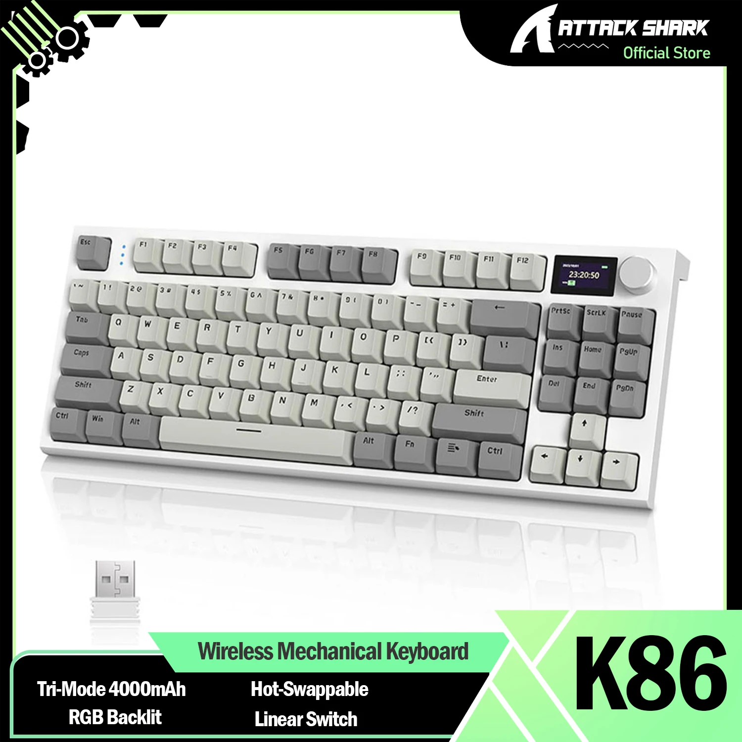 ATTACK SHARK K86 Wireless Mechanical Keyboard Apex Pro TKL, Gasket Mount with Color Display & Knob, Hot Swappable Linear Switch