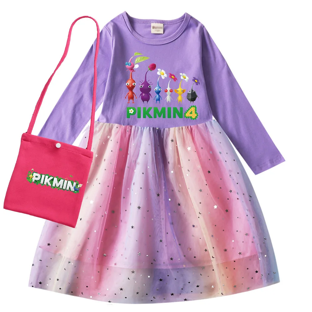 Video Game PIKMIN 4 Dress Kids Cartoon Clothes Baby Girls Long Sleeve Evening Dresses & Bag Children's Wedding Party Vestidos