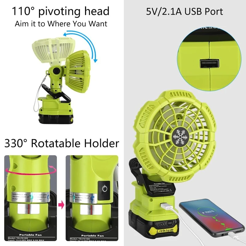 Imagem -05 - Cordless Clip on Fan para Ryobi Outdoor Camping Fan Portátil com Usb Energy Efficient 18v Li-ion Battery Configurações de Velocidade