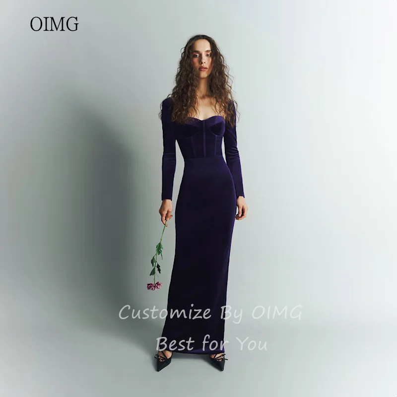 OIMG Elegant Purple Sweetheart Neck Mermaid Prom Gowns Long Sleeves Party Gown Velvet Floor Length Evening Dress Customized - Image 3