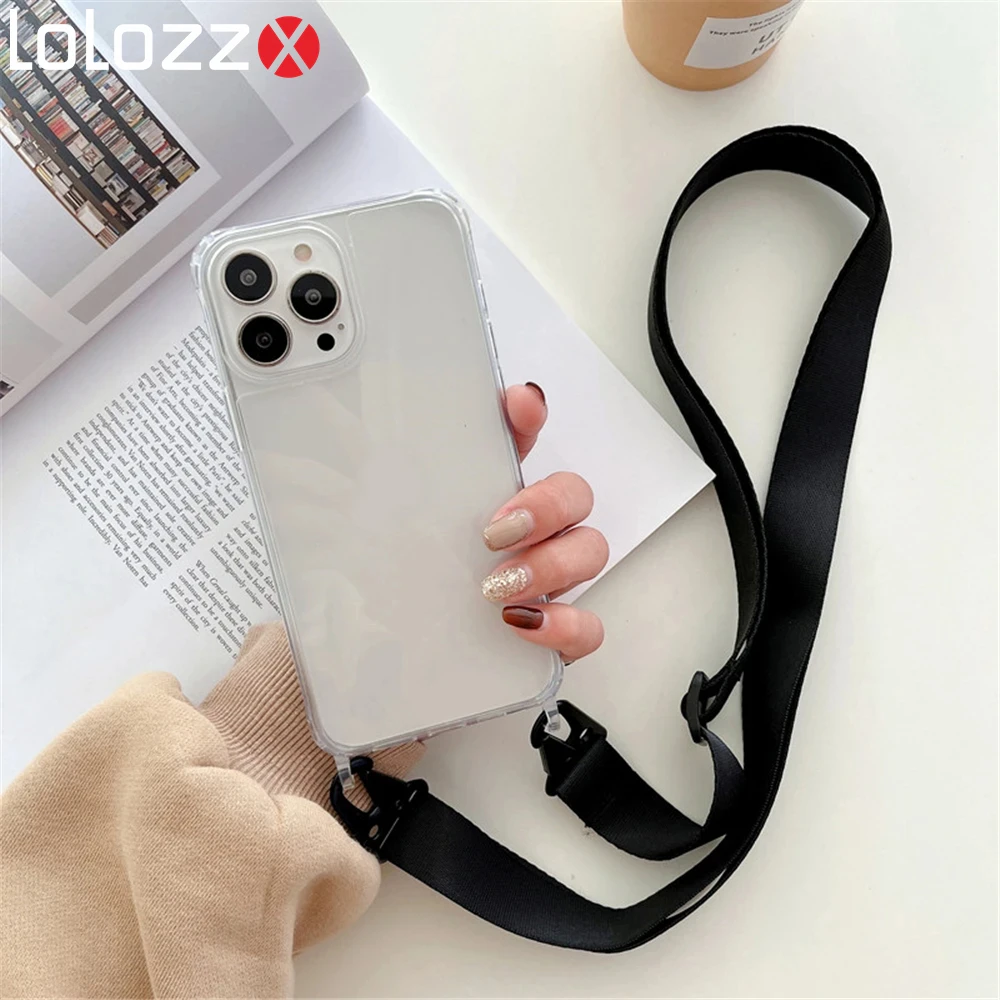 Shockproof Transparent Crossbody Necklace Strap Cord Phone Case For iPhone 15 Pro 14 13 12 11 Pro Max 15Plus Acrylic Clear Cover