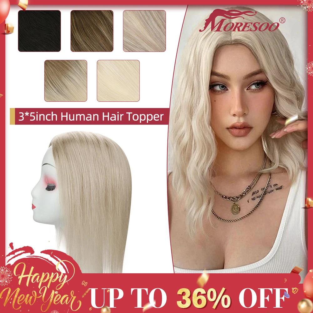 Moresoo Topper Hair Pieces for Women Human Hair Machine Remy Brazilian Hair Natural Straight Blonde #60 3*5Inch Clip in Toupee