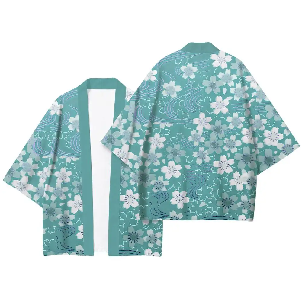 Japanese Traditional Cherry Blossom Print Kimono Cardigan Men Women Street Vintage Clothes Summer Loose Casual Breathable Yukata