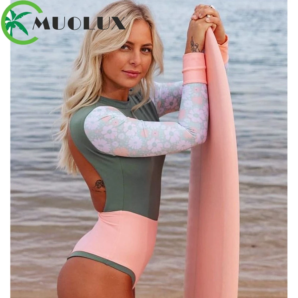 

MUOLUX 2024 Sexy Backless One Piece Swimsuit Women Swimwear Monokini Sport Long Sleeve Retro Rashguard Surfing Bodysuit Beach