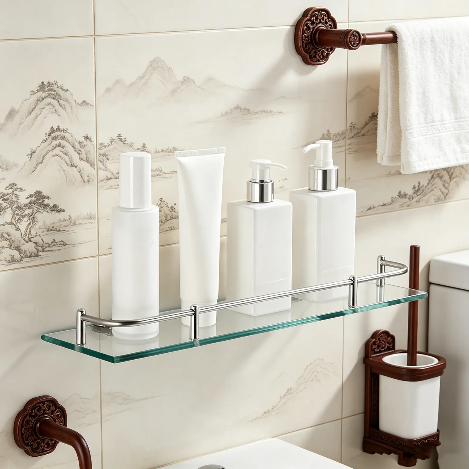2Pcs Stainless Steel Glass Floating Shelf Rectangular Clear Glass Shelves for Bathroom Wall Kitchen Spice Jar Organizer