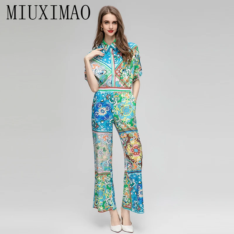 

MIUXIMAO 2023 Fall Luxury Diamond Sicily Elegant Set Flower Print Top+ Slim Pants Fashion Two-piece Set Women Vestides