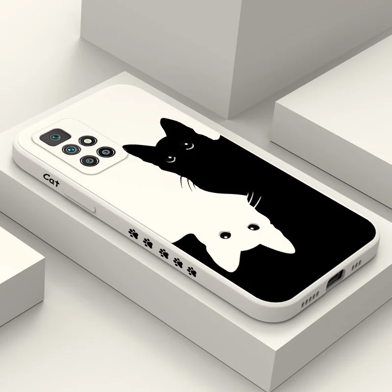 

Black White Cat Phone Case For Xiaomi Redmi 13C 12 12C 10 10C 10A 9 9T 9A A1 Pro Plus 4G 5G Liquid Silicone Cover