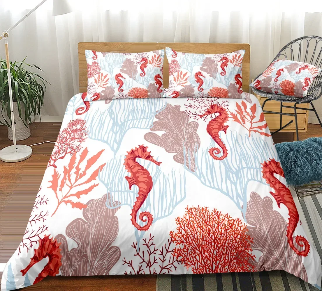 Ocean Animal Duvet Cover Set, Coral Marine Life Home Textile Sea Urchin Soft Quilt Cover, Cute Seahorse King Size Bedding
