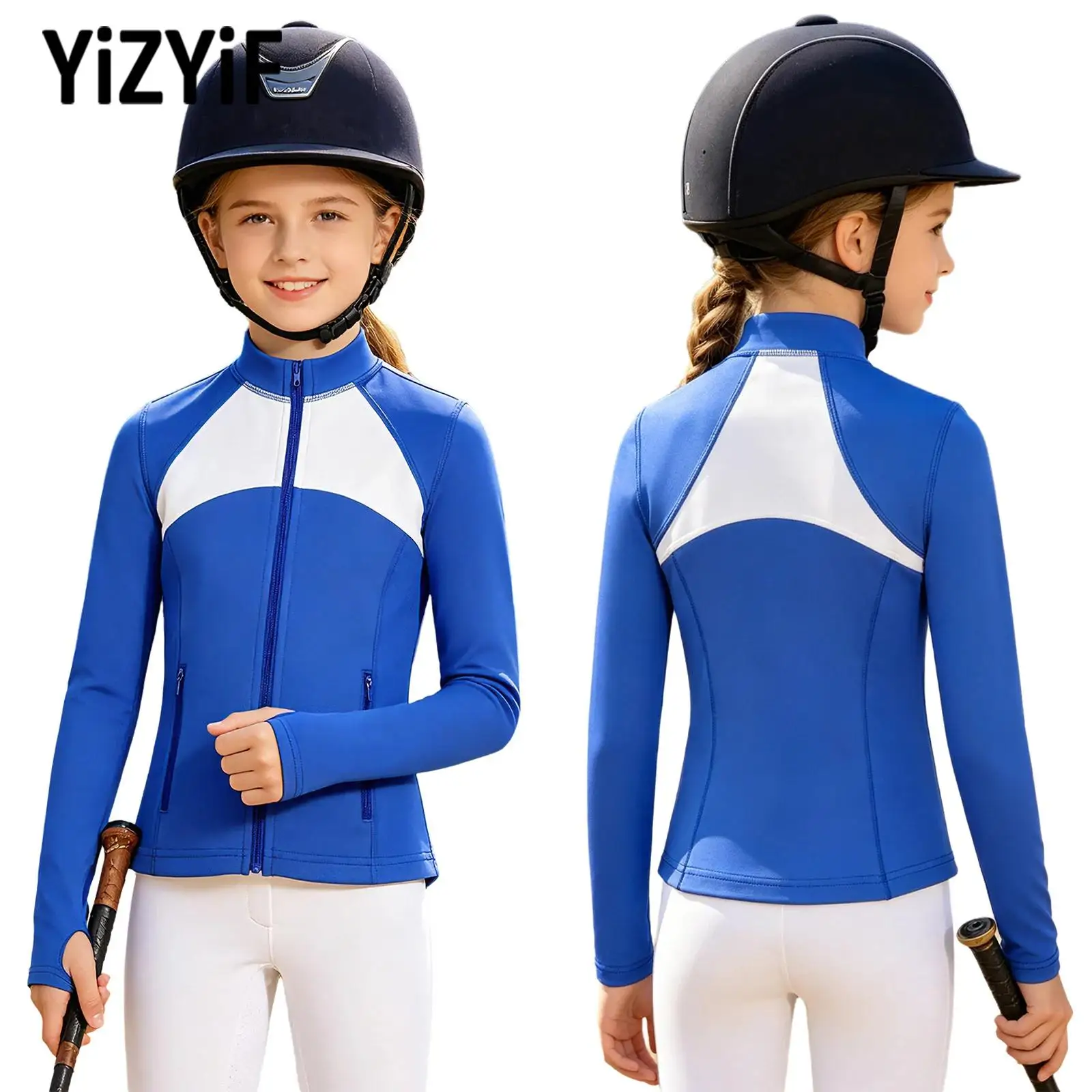 

Children Horse Riding Top Long Sleeves Thumbholes Zipper Pockets Breathable Quick Dry Stretchy Equestrian Jacket for Training