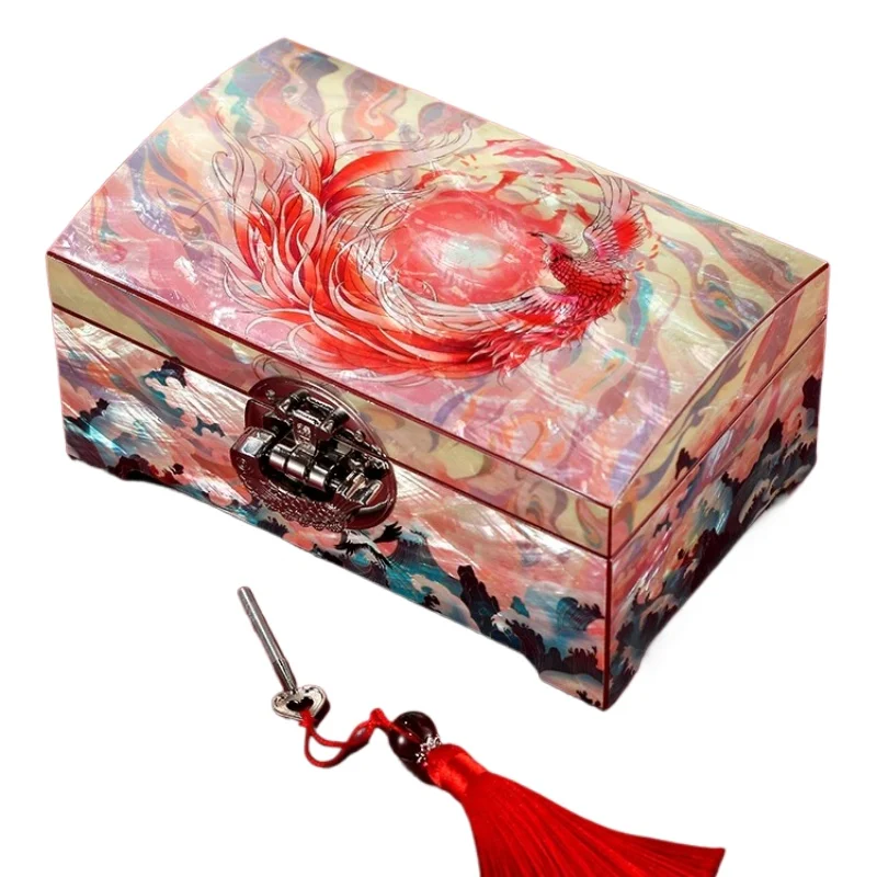 

Intangible Cultural Heritage Lacquer Wooden Jewelry Box Phoenix Three Gold Earrings Necklace Jewelry Storage Box Wedding Gifts