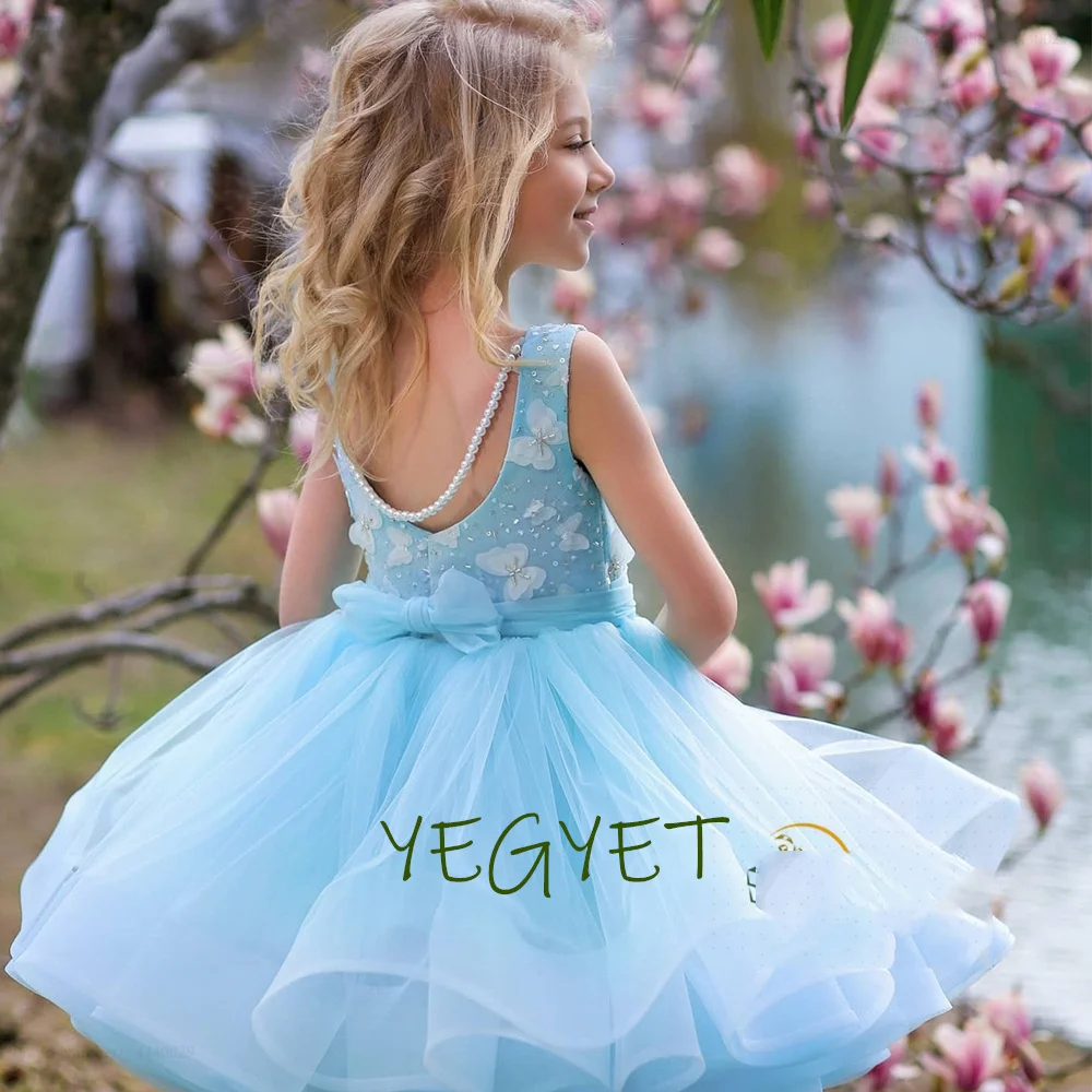 

Sky Blue Flower Girl Dresses Beading Butterfly Wedding Party Gowns for Kid Birthday Dress 2023 Summer فساتين اطفال للعيد