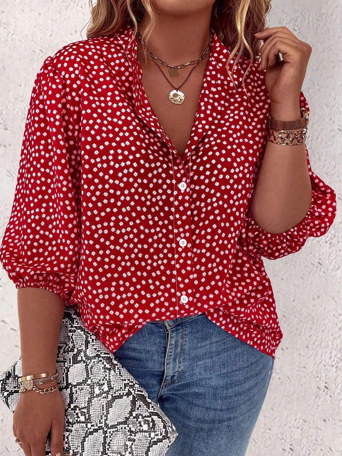 

Красная блузка с цветочным принтом и рукавами-фонариками, женская повседневная рубашка